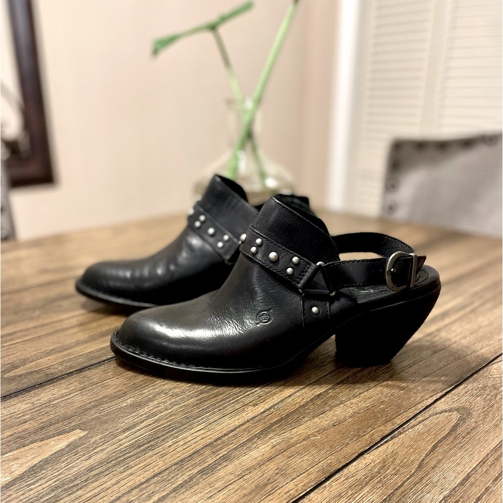 Born Black Leather Studded Slingback Clogs